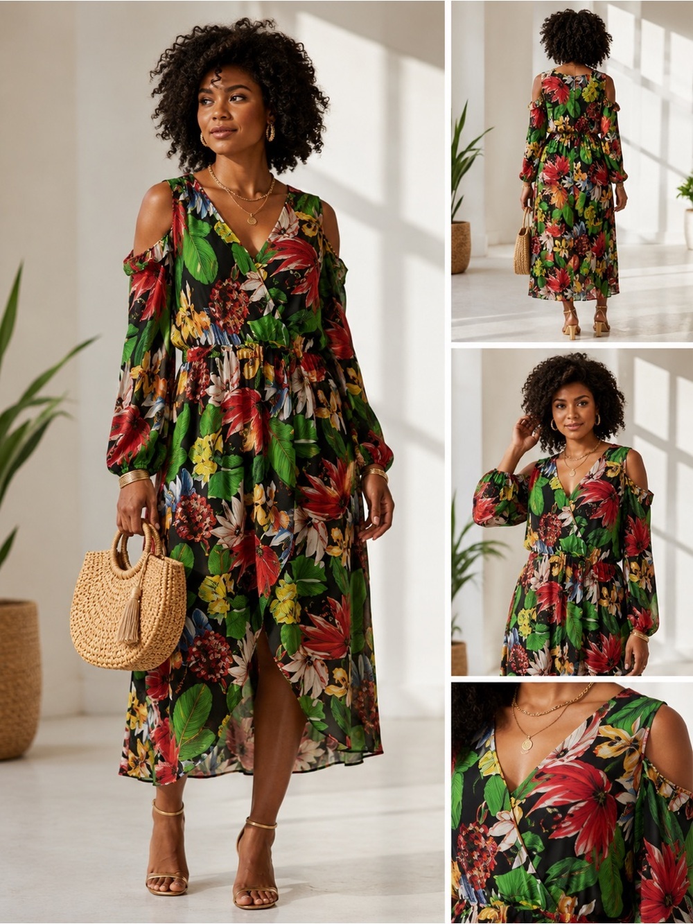 New York & Company Floral Asymmetrical Dress - Red, Green, Yellow